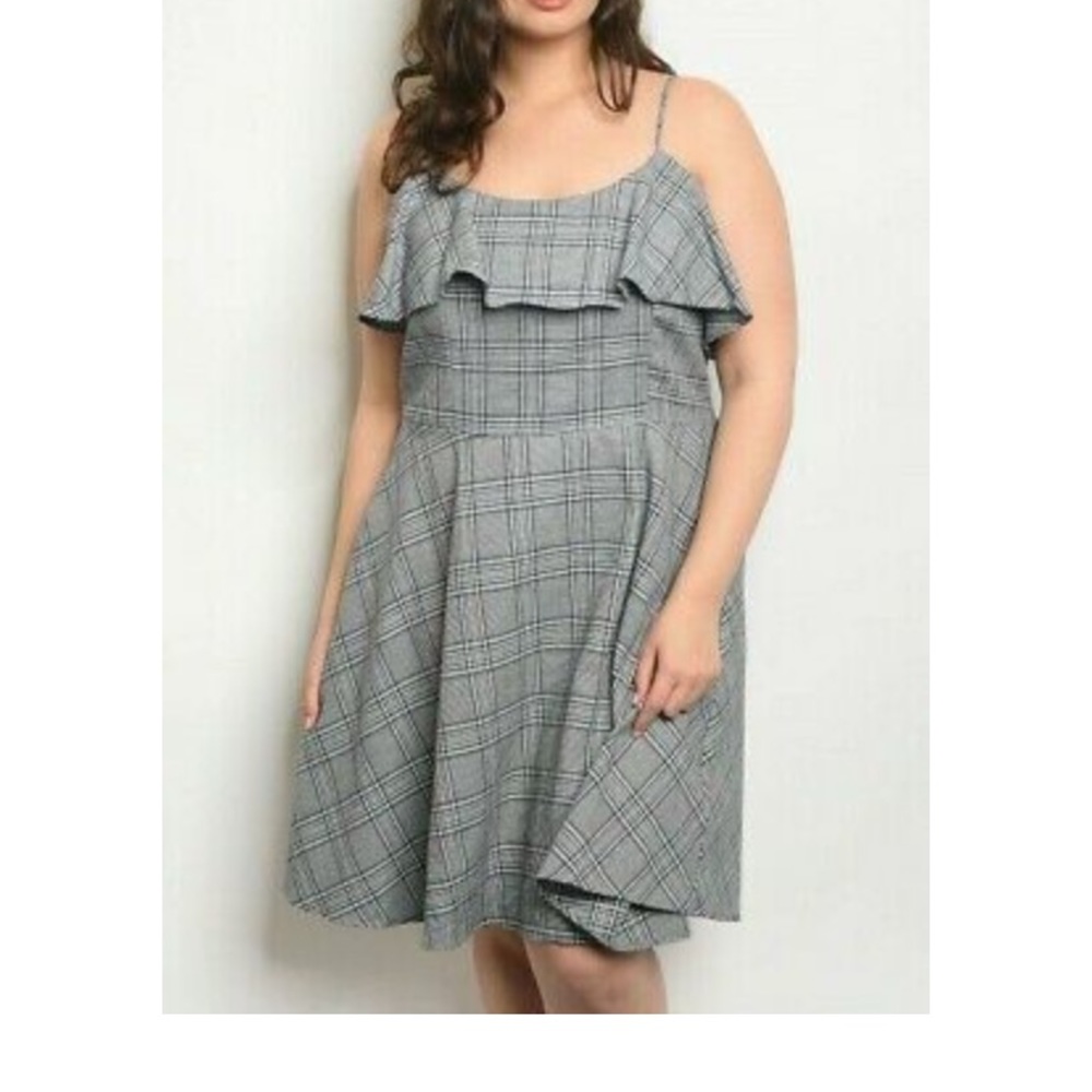 JR 3X Janette Gray & Red Plaid Ruffle Stripped Fit & Flare Casual Dress